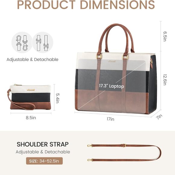 Vintage Leather 15.6 Inch White and Blue Women's Laptop Tote Bag with Clutch, Wa - Picture 5 of 8